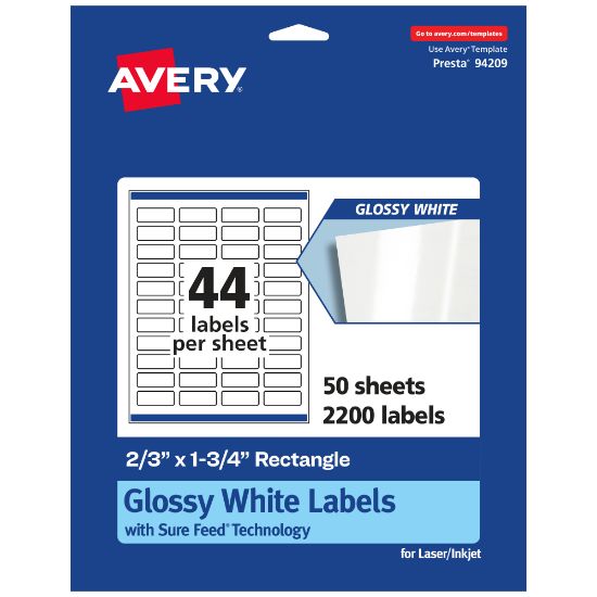 Picture of Avery Glossy Permanent Labels With Sure Feed, 94209-WGP50, Rectangle, 2/3in x 1-3/4in, White, Pack Of 2,200