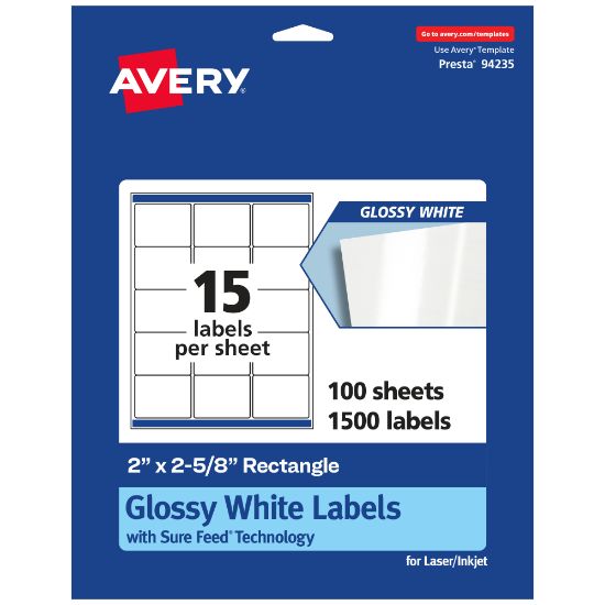 Picture of Avery Glossy Permanent Labels With Sure Feed, 94235-WGP100, Rectangle, 2in x 2-5/8in, White, Pack Of 1,500