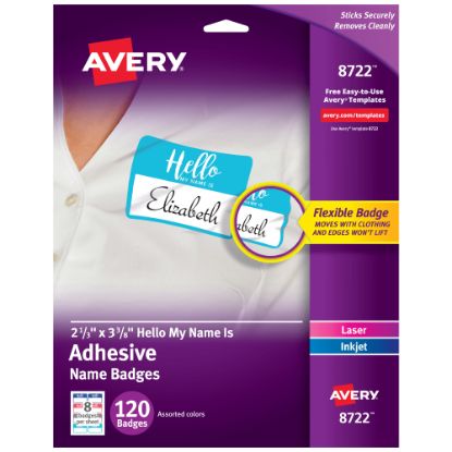 Picture of Avery Adhesive Name Badges, Hello My Name Is, 2 1/3in x 3 3/8in, 8722,  Assorted Colors, Pack Of 120 Badges