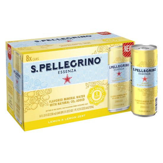 Picture of Nestle S.Pellegrino Essenza Flavored Mineral Water, Lemon & Lemon Zest, 11.15 Oz, Pack Of 8 Cans