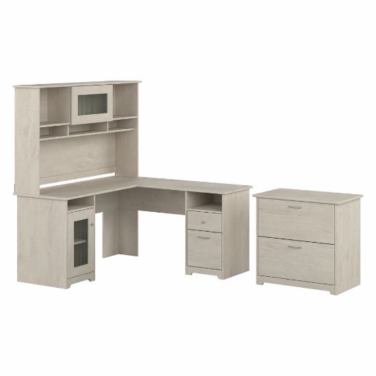 Picture of Bush Furniture Cabot 60inW L-Shaped Computer Desk With Hutch And Lateral File Cabinet, Linen White Oak, Standard Delivery