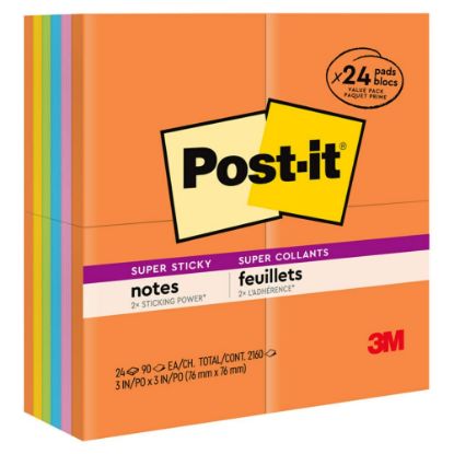 Picture of Post-it Super Sticky Notes, 3 in x 3 in, 24 Pads, 90 Sheets/Pad, 2x the Sticking Power, Back to School Supplies for Students, Sticky Notes for Textbooks and Notebooks, Energy Boost Collection