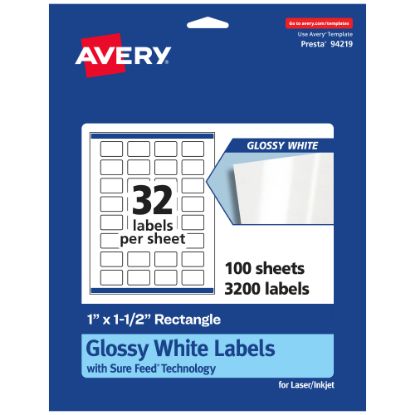 Picture of Avery Glossy Permanent Labels With Sure Feed, 94219-WGP100, Rectangle, 1in x 1-1/2in, White, Pack Of 3,200