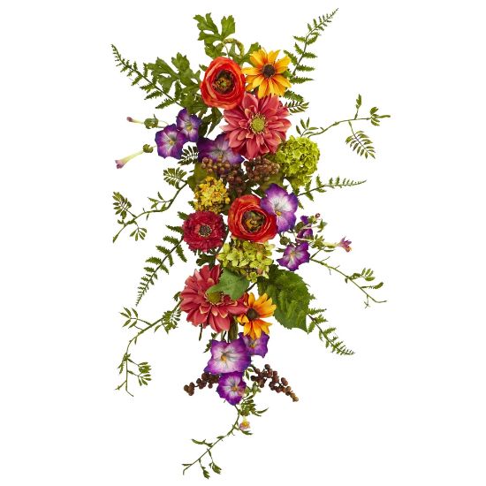 Picture of Nearly Natural Garden Flower Teardrop Wreath, 24inH x 10inW x 5inD, Multicolor