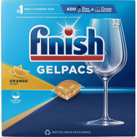 Picture of Finish Dishwasher Gel Packs - For Dish, Glass - 1.30 oz (0.08 lb) - Orange Scent - 32 / Box - Pre-moistened - Orange