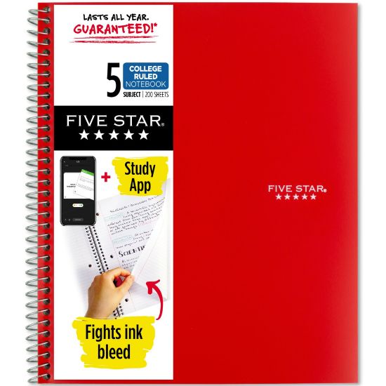 Picture of Five Star Wirebound Notebook Plus Study App, 8-1/2in x 11in, 5 Subject, College Ruled, 200 Sheets, Red