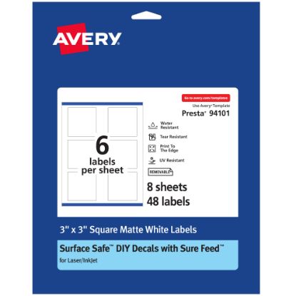 Picture of Avery Durable Removable Labels With Sure Feed, 94101-DRF8, Square, 3in x 3in, White, Pack Of 48