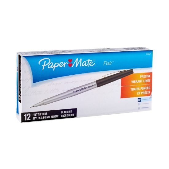 Picture of Paper Mate Flair Porous-Point Pens, Ultra Fine Point, 0.4 mm, Black Barrel, Black Ink, Pack Of 12