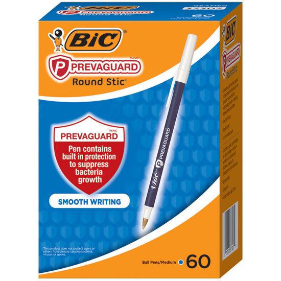 Picture of BIC Prevaguard Round Stic Pens With Antimicrobial Additive, Medium Point, 1.0 mm, Blue Barrel, Blue Ink, Pack Of 60 Pens