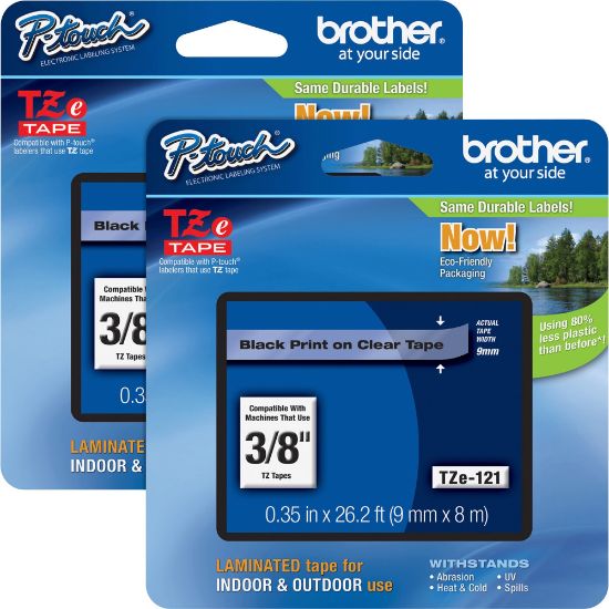 Picture of Brother P-touch TZe Laminated Tape Cartridges, 3/8inW, Rectangle, Clear, 2 Per Bundle