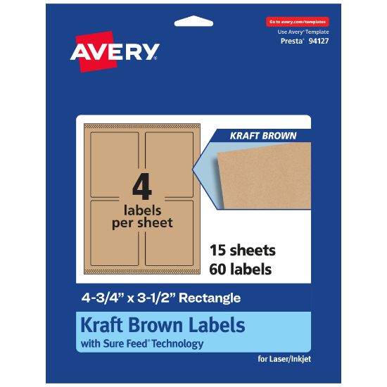 Picture of Avery Kraft Permanent Labels With Sure Feed, 94127-KMP15, Rectangle, 4-3/4in x 3-1/2in, Brown, Pack Of 60