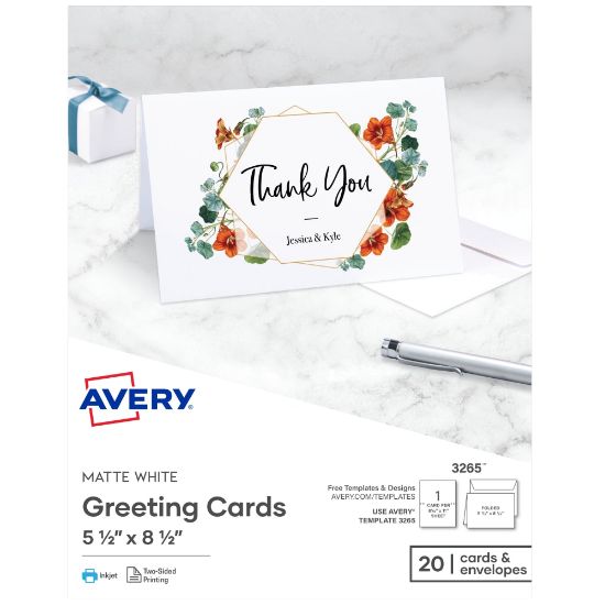 Picture of Avery Printable Greeting Cards, Half-Fold, 5.5in x 8.5in, Matte White, 20 Blank Cards With Envelopes