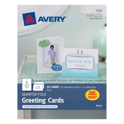 Picture of Avery Quarter-Fold Greeting Card Stock With Envelopes, Matte White, 4.25in x 5.5in, 80 Lb, Pack Of 20