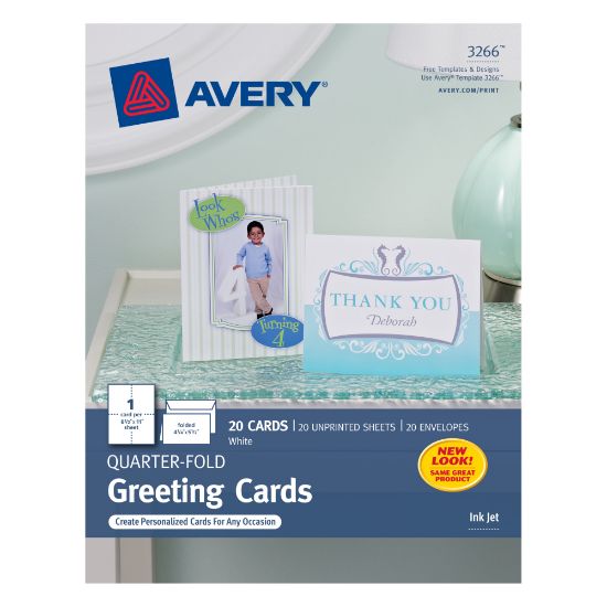 Picture of Avery Quarter-Fold Greeting Card Stock With Envelopes, Matte White, 4.25in x 5.5in, 80 Lb, Pack Of 20