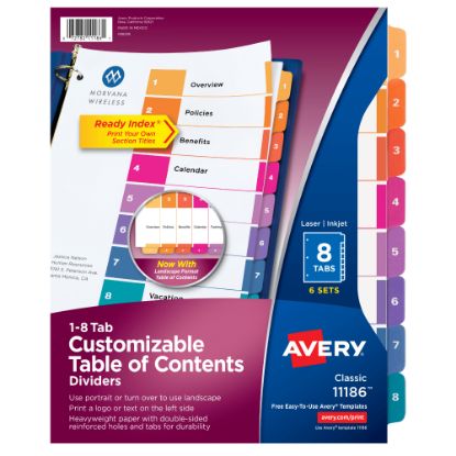 Picture of Avery Ready Index 1-8 Tab Binder Dividers With Customizable Table Of Contents, 8-1/2in x 11in, 8 Tab, White/Multicolor, Pack Of 6 Sets