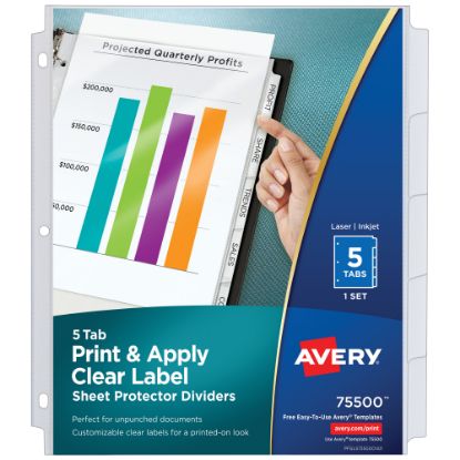 Picture of Avery Sheet Protector Dividers For 3 Ring Binders With Easy Print & Apply Index Maker Label Strip, 8-1/2in x 11in,  5 Tab, Clear With Customizable White Tabs, 1 Set