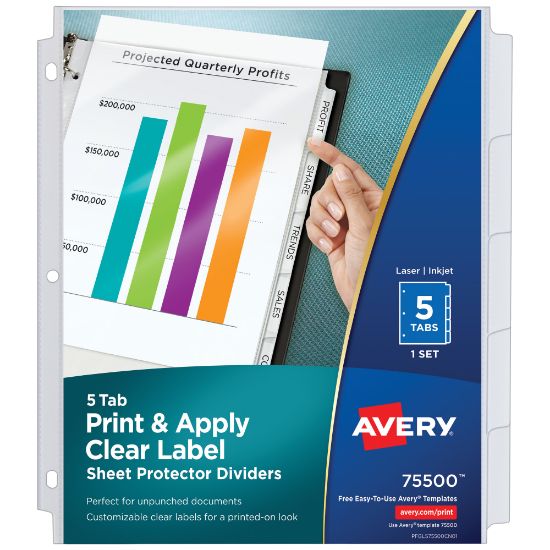 Picture of Avery Sheet Protector Dividers For 3 Ring Binders With Easy Print & Apply Index Maker Label Strip, 8-1/2in x 11in,  5 Tab, Clear With Customizable White Tabs, 1 Set