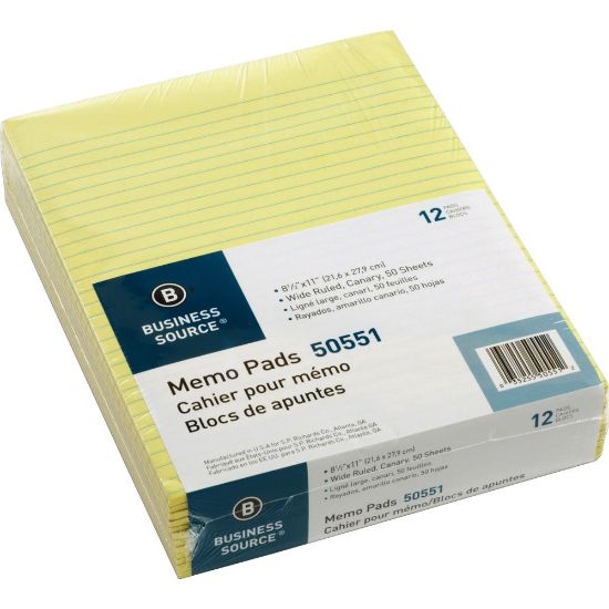 Picture of Business Source Glued Top Ruled Memo Pads - Letter - 50 Sheets - Glue - 16 lb Basis Weight - Letter - 8 1/2in x 11in - Canary Paper - 1 Dozen