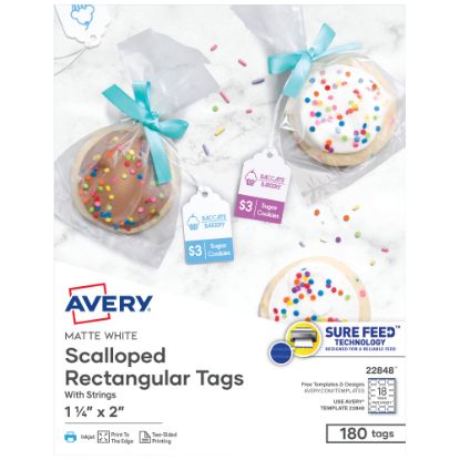 Picture of Avery Print-To-The-Edge Tags With Strings, Scalloped, 2in x 1/14in, White, Pack of 180