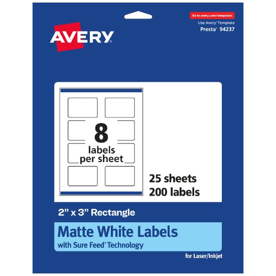 Picture of Avery Permanent Labels With Sure Feed, 94237-WMP25, Rectangle, 2in x 3in, White, Pack Of 200