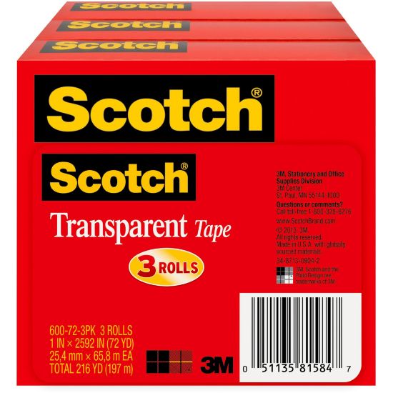 Picture of Scotch Transparent Tape, 1 in x 2592 in, 3 Tape Rolls, Clear, Home Office, Back to School Supplies and College Essentials for Students and Teachers