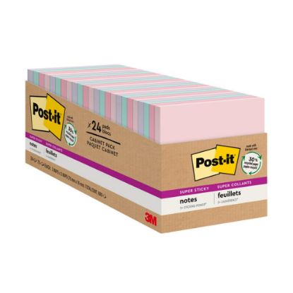 Picture of Post-it Recycled Super Sticky Notes, 3 in x 3 in, 24 Pads, 70 Sheets/Pad, 2x the Sticking Power, Wanderlust Pastels Collection, 30% Recycled