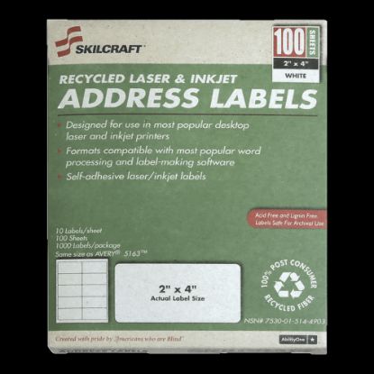 Picture of SKILCRAFT Permanent Inkjet/Laser Address Labels, NSN5144903, Rectangle, 2in x 4in, White, Box Of 100 Sheets (AbilityOne 7530-01-514-4903)