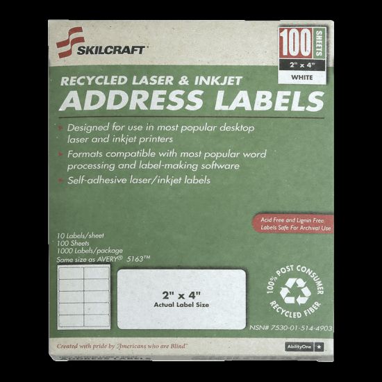 Picture of SKILCRAFT Permanent Inkjet/Laser Address Labels, NSN5144903, Rectangle, 2in x 4in, White, Box Of 100 Sheets (AbilityOne 7530-01-514-4903)