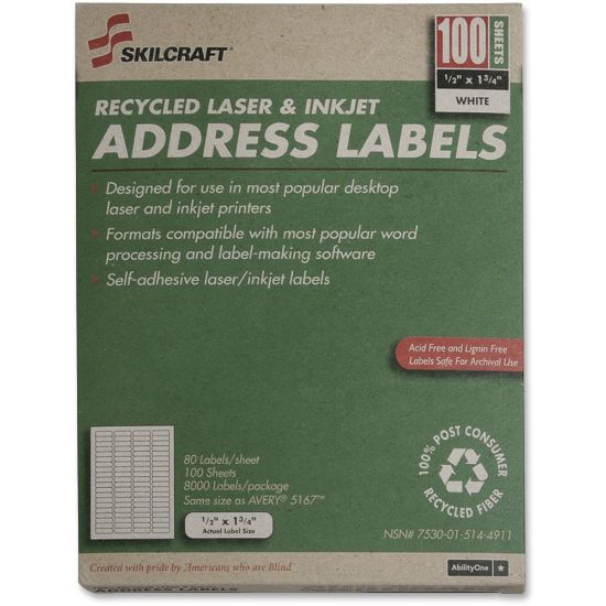 Picture of SKILCRAFT Permanent Inkjet/Laser Address Labels, NSN5144911, Rectangle, 1/2in x 1 3/4in, White, Box Of 100 Sheets (AbilityOne 7530-01-514-4911)