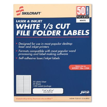 Picture of SKILCRAFT 1/3 Cut Permanent Inkjet/Laser File Folder Labels, Rectangle, White, Box Of 50 Sheets (AbilityOne 7530-01-514-4905)