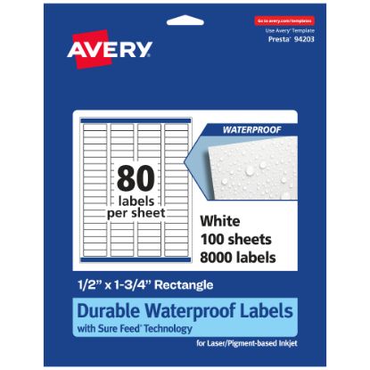 Picture of Avery Waterproof Permanent Labels With Sure Feed, 94203-WMF100, Rectangle, 1/2in x 1-3/4in, White, Pack Of 8,000