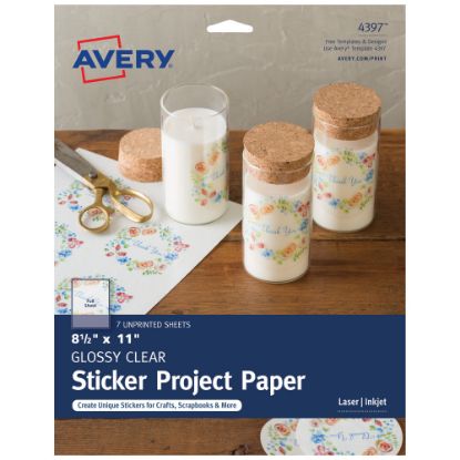 Picture of Avery Printable Sticker Paper For Laser & Inkjet Printers, 8.5in x 11in, Glossy Clear, 7 Craft Paper Sheets