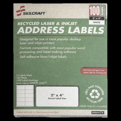 Picture of SKILCRAFT Permanent Inkjet/Laser Address Labels, NSN5144904, Rectangle, 1in x 2 5/8in, White, Box Of 100 Sheets (AbilityOne 7530-01-514-4904)