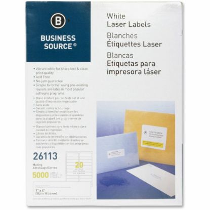 Picture of Business Source Bright White Premium-quality Address Labels - 1in Width x 4in Length - Permanent Adhesive - Rectangle - Laser, Inkjet - White - 20 / Sheet - 250 Total Sheets - 5000 / Pack - Lignin-free, Jam-free