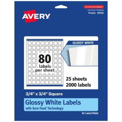 Picture of Avery Glossy Permanent Labels With Sure Feed, 94102-WGP25, Square, 3/4in x 3/4in, White, Pack Of 2,000