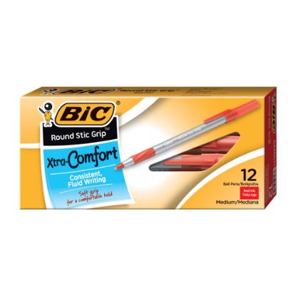 Picture of BIC Round Stic Grip Xtra Comfort Ballpoint Pens, Medium Point, 1.2 mm, Gray Barrel, Red Ink, Pack Of 12 Pens