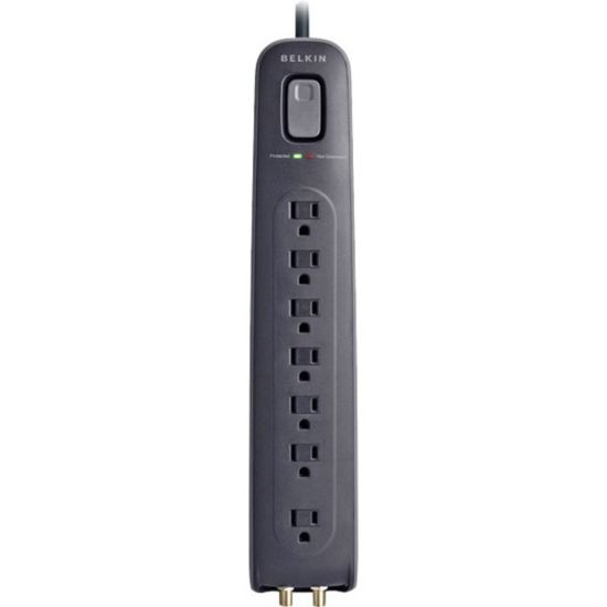 Picture of Belkin 7 Outlet Surge Protector with 4ft Power Cord - 2000 Joules - 7 - 2000 J - 75 kA - Coaxial Cable Line - 4 ft