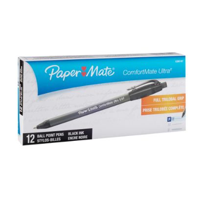 Picture of Paper Mate Comfortmate Ultra Retractable Ballpoint Pens, Fine Point, 0.8 mm, Black Barrel, Black Ink, Pack Of 12