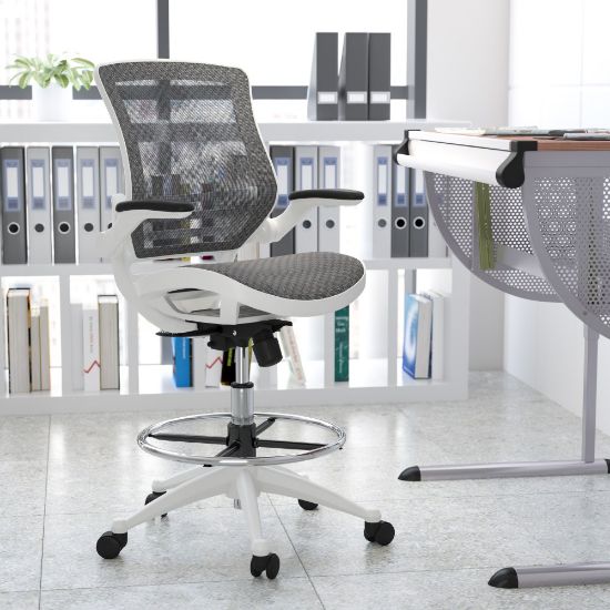 Picture of Flash Furniture Mid-Back Transparent Mesh Drafting Chair With Flip-Up Arms, Gray/White