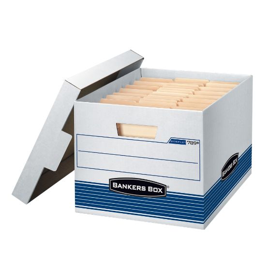 Picture of Bankers Box Stor/File Medium-Duty Storage Boxes With Locking Lift-Off Lids And Built-In Handles, Letter/Legal Size, 15 x 12in x 10in, 60% Recycled, White/Blue, Case Of 4