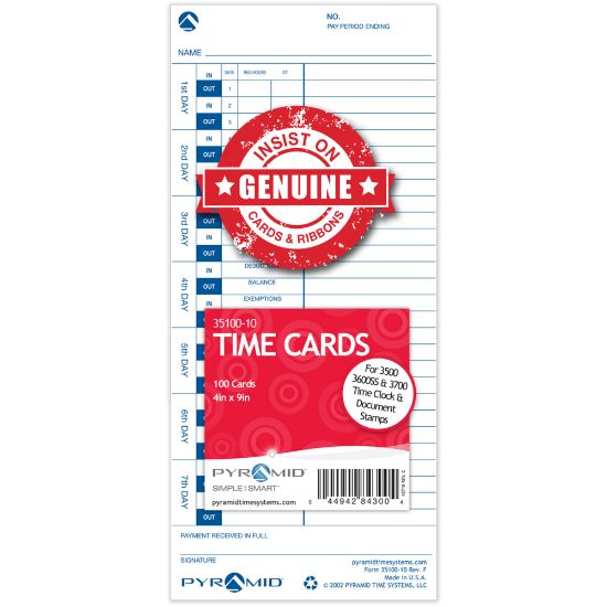 Picture of Pyramid Time Systems, 35100-10, Genuine and Authentic pack of 100 Time Cards, Use with Pyramid Side Loading Time Clocks, Models 3500, 3600SS and 3700