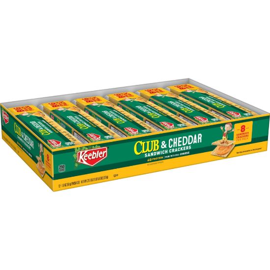 Picture of Keebler Sandwich Crackers, Single Serve Snack Crackers, Office and Kids Snacks, Club and Cheddar, 21.6oz Tray (12 Packs)