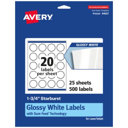 Picture of Avery Glossy Permanent Labels With Sure Feed, 94607-WGP25, Starburst, 1-3/4in, White, Pack Of 500