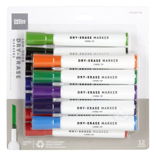 Picture of Office Depot Brand Low-Odor Dry-Erase Markers, Chisel Point, 100% Recycled Plastic Barrel, Assorted Colors, Pack Of 12