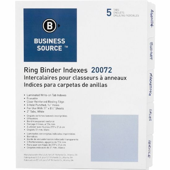 Picture of Business Source 3-Ring 5-Tab Erasable Tab Indexes - 5 Write-on Tab(s)2in Tab Width - 8.5in Divider Width x 11in Divider Length - Letter - 3 Hole Punched - White Divider - Mylar Tab(s) - Recycled - Erasable, Reinforced Edges, Punched, Laminated Tab - 5 / S