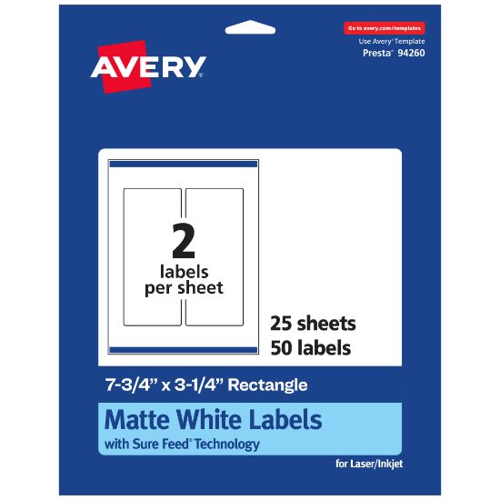 Picture of Avery Permanent Labels With Sure Feed, 94260-WMP25, Rectangle, 7-3/4in x 3-1/4in, White, Pack Of 50