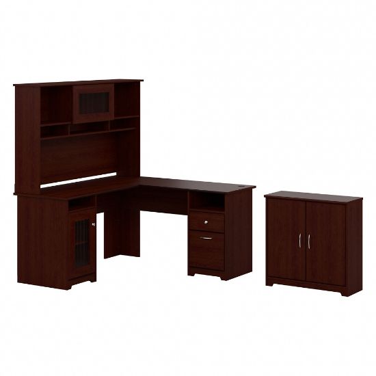 Picture of Bush Furniture Cabot L Shaped Desk With Hutch And Small Storage Cabinet With Doors, Harvest Cherry, Standard Delivery