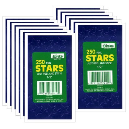 Picture of Eureka Presto-Stick Foil Star Stickers, 1/2in, Blue, 250 Stickers Per Pack, Set Of 12 Packs