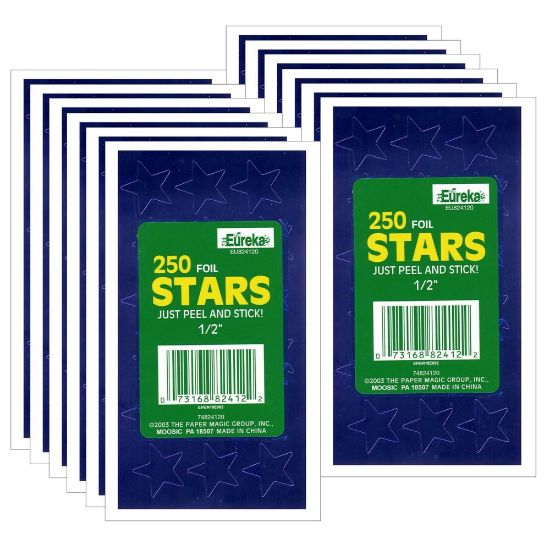 Picture of Eureka Presto-Stick Foil Star Stickers, 1/2in, Blue, 250 Stickers Per Pack, Set Of 12 Packs