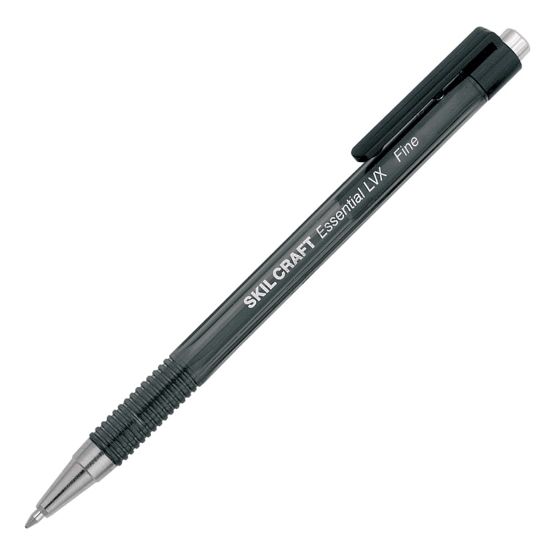 Picture of SKILCRAFT AbilityOne Essential LVX Ballpoint Pens, Fine Point, Translucent Barrel, Black Ink, Pack Of 12 Pens